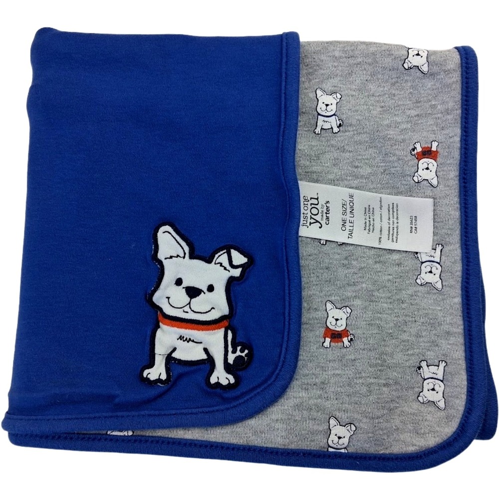 Carter's Just One You Blue Gray Bulldog Puppy Dog Cotton Receiving Blanket 2ply